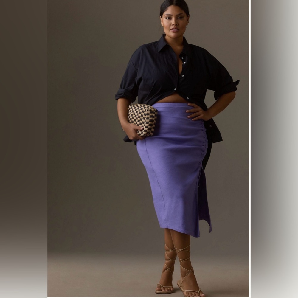 Anthropologie Ruched Side Split Midi Skirt size Medium